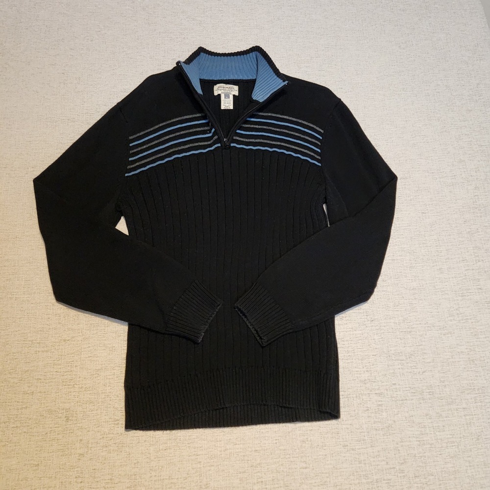 American Rag Quarter Zip Sweater Mens XL Black Blue Striped Ribbed Cotton